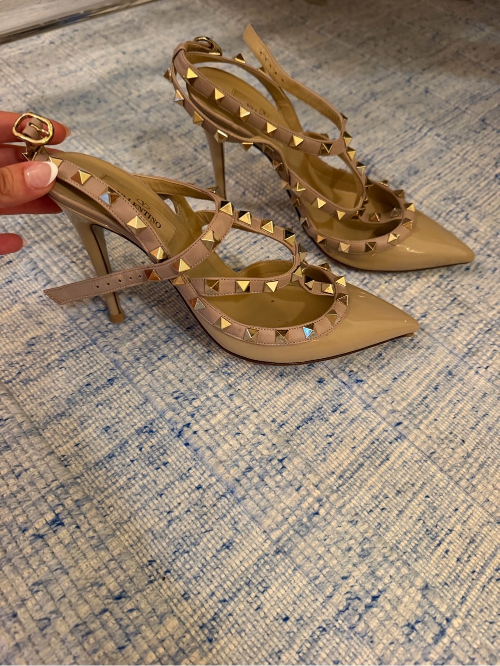 Valentino Nude Patent Leather Rockstud Pointed-Toe Slingback Heels
